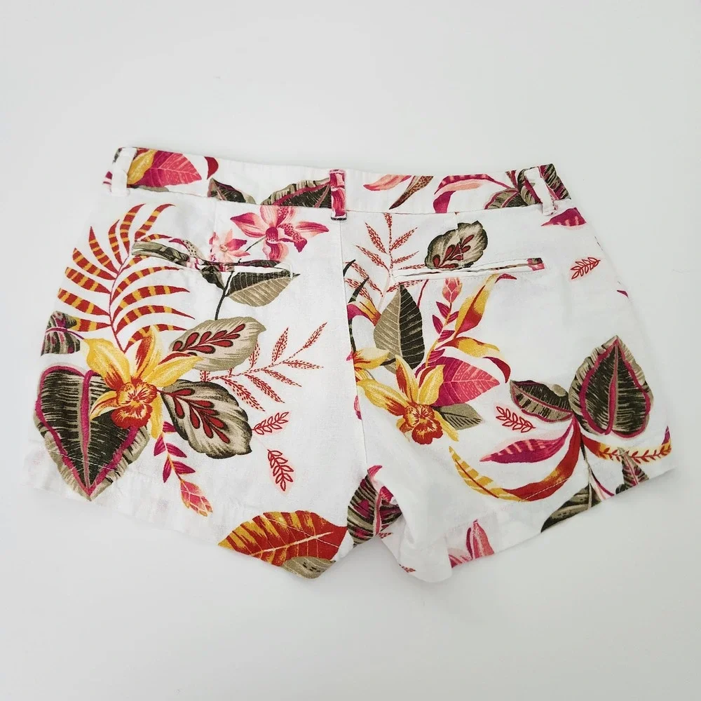 Floral Linen Shorts Women's size‎ 8 White Botanical Mid Rise EUC